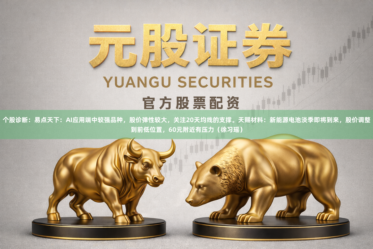 个股诊断：易点天下：AI应用端中较强品种，股价弹性较大，关注20天均线的支撑。天赐材料：新能源电池淡季即将到来，股价调整到前低位置，60元附近有压力（徐习瑶）